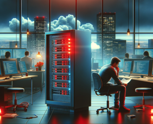 This image depicts an office scene with a network server displaying red warning lights, symbolizing a system failure.