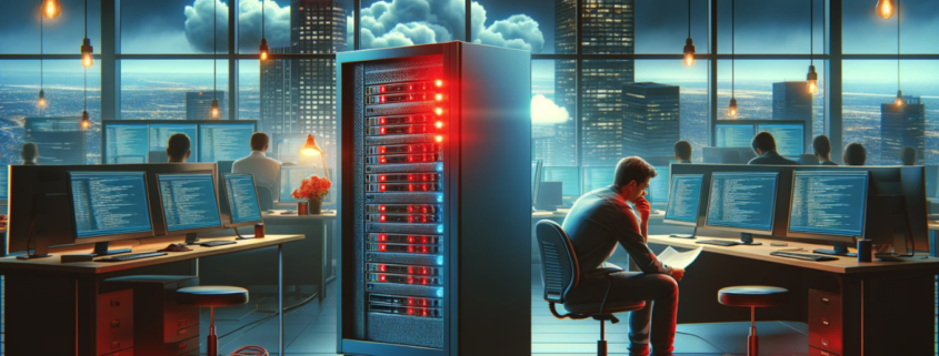 This image depicts an office scene with a network server displaying red warning lights, symbolizing a system failure.