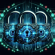 Image of two futuristic cyber padlocks with digital elements, interconnected by their loops, symbolizing the integration of cybersecurity and co-managed solutions.