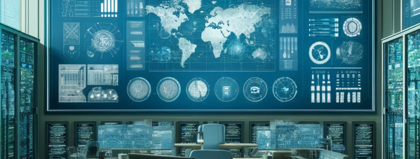 This digital image showcases a high-tech control room equipped with advanced IT elements, designed to reflect the benefits of outsourcing IT infrastructure managed services.