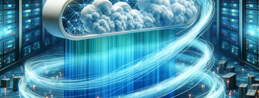 The image visualizes a dynamic, scalable cloud network handling increased data flow. It features a central, floating cloud composed of wireframe and solid textures, surrounded by swirling, thick digital streams in shades from light to deep blue, symbolizing growing data traffic.